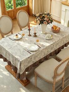1pc Colorblock Ruffle Edge Tablecloth, Floral Print, Autumn/Winter Atmosphere, Farmhouse Style, Suitable For Dining Table Decor, Picnic Tablecloth, Holiday Celebration, Party Gathering, Birthday Banquet, Daily Dining Table, Kitchen And Dining Room Decoration, All Seasons, Home Decor - Silver - View 10