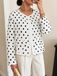 Women's Casual Versatile Holiday Style Random Print Polka Dot Fashion Ruffle Hem Heart Decor Top, Brunch - Multicolor - View 2