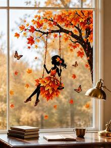 1pc Autumn Leaf Dancer Swing Silhouette Window Sticker, Glue-Free PVC Static Cling, Creative Aesthetic Maple Leaf Butterfly Fairy Glass Decal, Autumn Atmosphere Art Window Sticker Decoration, Suitable For Windows, Living Room, Bedroom, Balcony, Study, Autumn Home Decor - Multicolor - View 5