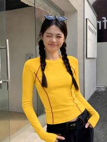 Niche Solid Color American Sports Slim Fit Cropped T-Shirt For Women, Autumn Round Neck Unique Design Y2K Top - Yellow - View 4