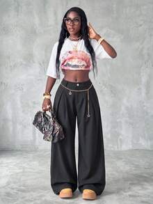 Knot & Curve Women's Long Pants Spring/Summer High Waist Multi-Pleated Design Straight Leg Pants Drape Anti-Wrinkle Metal Button Loose Wide Leg Floor-Length Dress Pants - Black - View 5