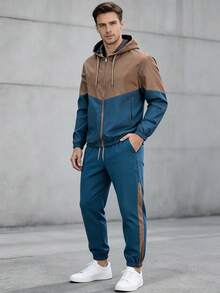 Men's Colorblock Zip-Up Hoodie & Drawstring Joggers 2-Piece Set, Long Sleeve Hooded Jacket And Sweatpants, Suitable For Daily Fitness And Streetwear - Multicolor - View 2