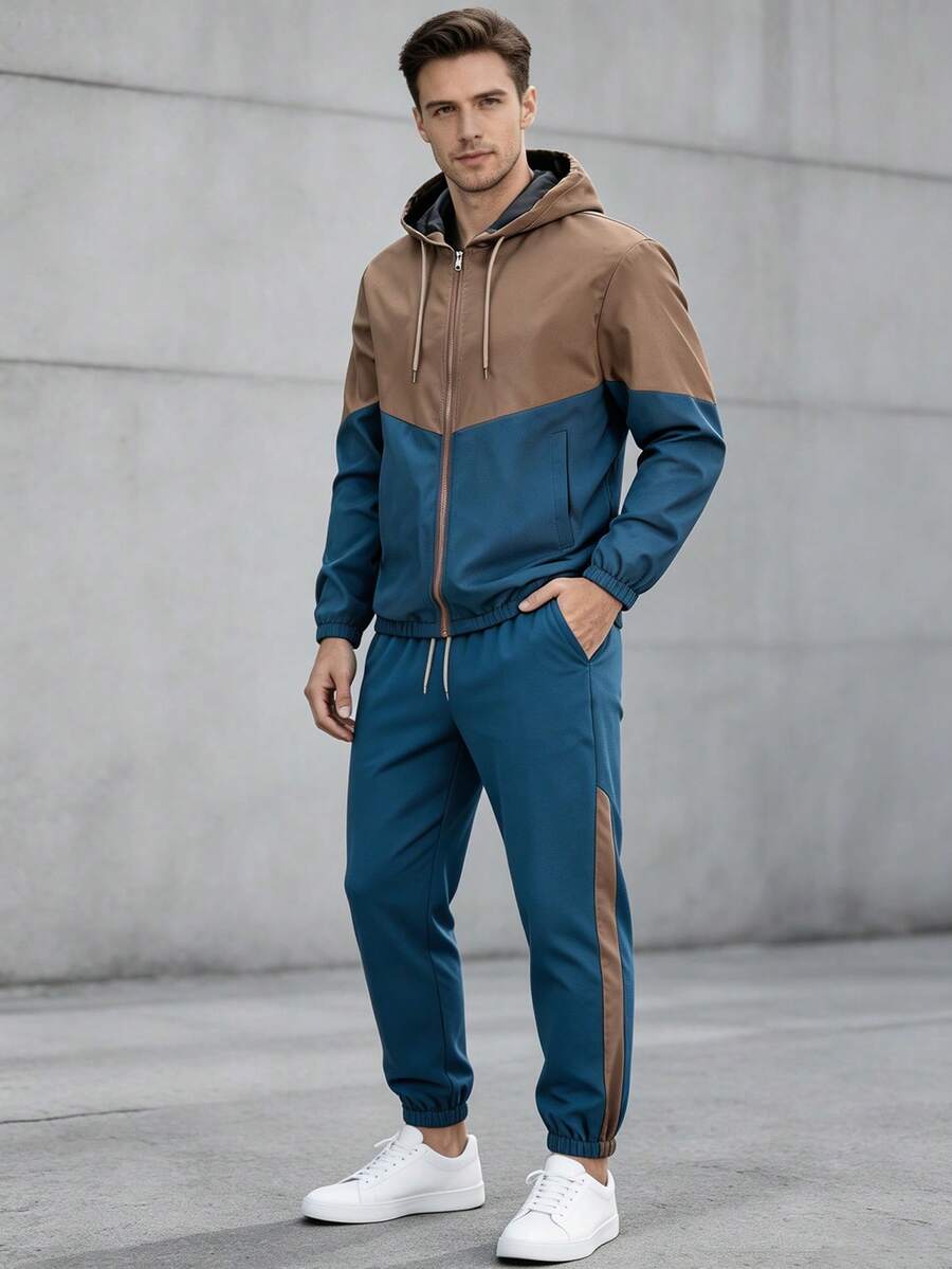 Men's Colorblock Zip-Up Hoodie & Drawstring Joggers 2-Piece Set, Long Sleeve Hooded Jacket And Sweatpants, Suitable For Daily Fitness And Streetwear