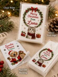 8/16/25pc Personalized Custom Pet Photo Text Christmas Pocket Tissue Sticker,Custom Dog Cat Picture Custom Slogan Name Print,Pet Santa Hat Scarf Xmas Pattern Design Sticker,Holiday Gift,Pet Owners Animal Lovers,Holiday Party,Home Dining Outdoor Daily - Multicolor - View 7