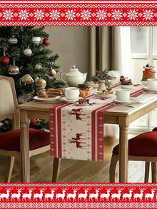 1pc Red And Black Buffalo Plaid Reindeer Design Christmas Table Runner, Christmas Tablecloth, Christmas Long Tablecloth, Faux Linen Polyester Material, Gift, Protective Cover, Rectangular Tablecloth, Washable, Suitable For Home Dinner, Coffee Table, Kitchen And Dining Room Decoration, Table Decoration Party And Scene Decoration, Home Decor, Outdoor Patio Table Runner Decoration, Entryway Decoration, Fireplace Mantle Decor - Red - View 5