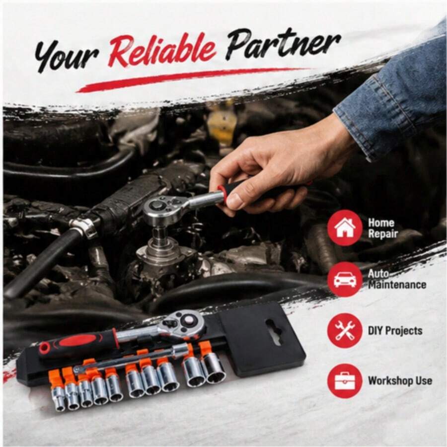 12pcs Socket Wrench Set, 72-Tooth Ratchet Handle, Extension Bar, CR-V Sockets, Non-Slip Rubber Handle, Portable Storage Box, Home Repair Tool Set, Suitable For Plumbing Maintenance DIY Work - Car Repair Tools - View 1