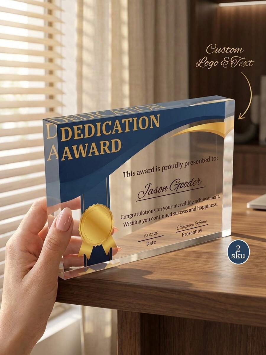 1pc Customized Logo Text Horizontal Acrylic Plaque, Personalized Employee Service Recognition Thank You Trophy, Volunteer Appreciation Award, Corporate Business Award, Retirement Recognition Gift, Service Years Award - Multicolor - View 1