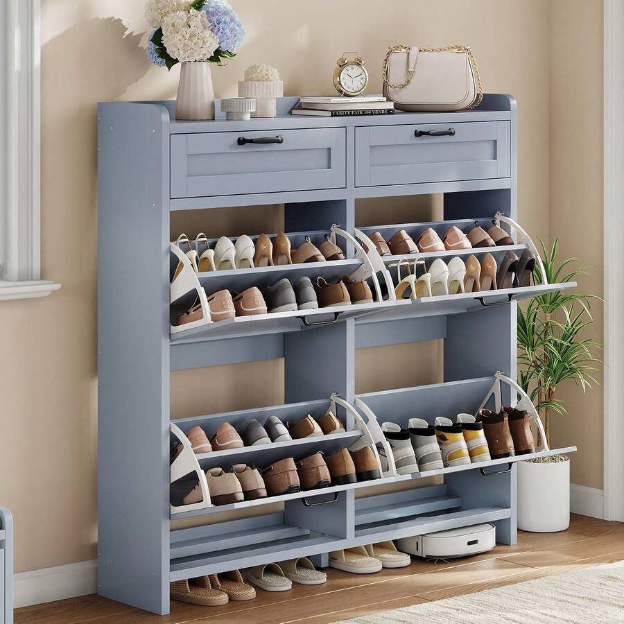 Wooden Shoe Cabinet With 4 Flip Drawers And 2 Top Drawers, High‑Gloss Veneer Hidden Shoe Organizer, Holds 20‑26 Pairs Of Shoes, Freestanding Storage Cabinet Entryway Hallway - Blue - View 1