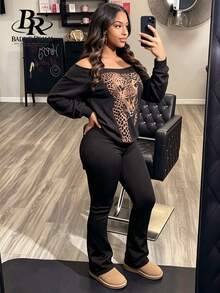 BADDIE REALM Women's Casual Boat Neck Leopard Print Ribbed Knit Top And Flare Pants 2 Pieces Set, Suitable For Autumn - Black - View 2