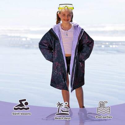 Catalonia 1 Pc Kids/Youth Swim Parka, Waterproof Windproof Warm Quick-Dry Lightweight Blanket Fleece-Lined  Changing Robe Jacket Coat, Unisex Sporty Hooded Full-Length With Full Zip Signature Pocket Adjustable Cuffs Hang Loop For Swim Pool Beach