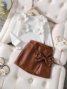 2pcs/Set Girls Toddler Outfit, Simple Casual Style, 3D Flower Long Sleeve Top And Brown Skirt Set, Spring/Autumn - White - View 1