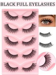 5 Pairs Full Strip False Eyelashes, Soft Lightweight Natural Fluffy Style, Thin Non-Pressing On Eyes, Easy To Apply For Beginners, Reusable, Suitable For Daily Commute And Light Makeup - Black - View 6