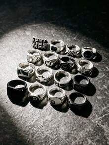 15pcs Unisex Vintage Punk Skull Geometric Cross Star Rings Set, Personalized Hip Hop Black Oil Drip Party Gift Daily Jewelry Accessories, Random Styles - 15pcs Mixed Vintage Punk Style Star Rings - View 5