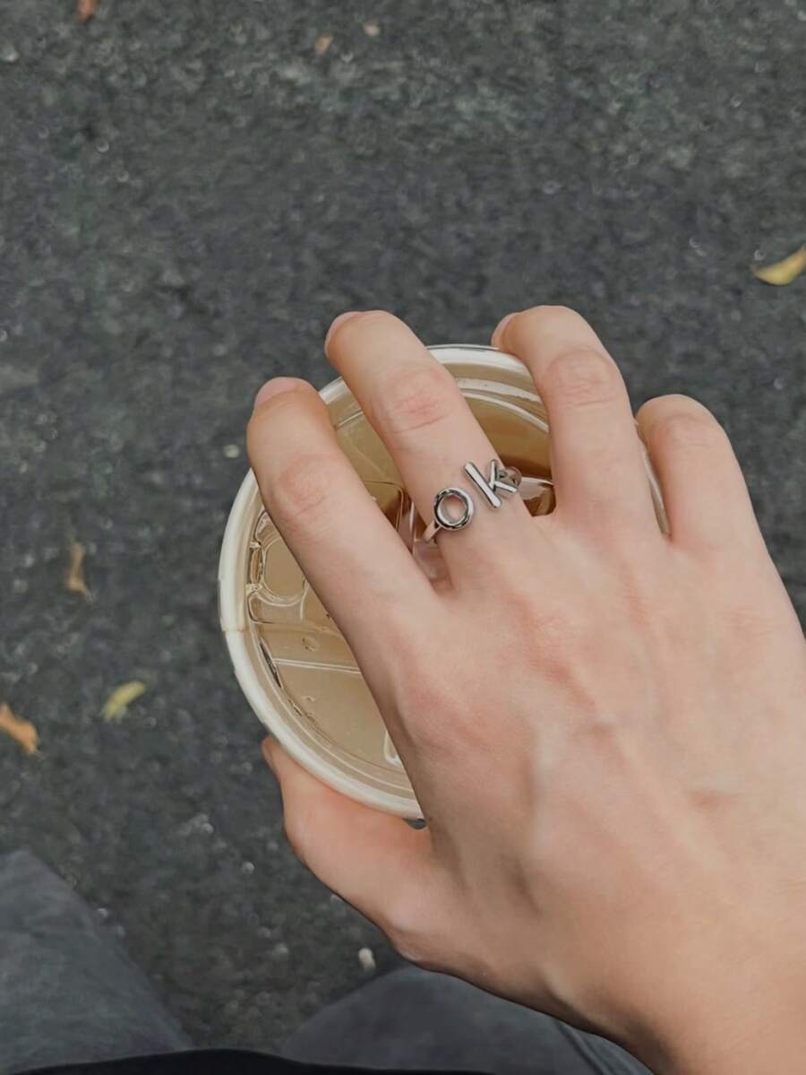 1pc Fashion OK Letter Decor Open Ring, Suitable For Women's Daily Wear - Silver - View 1
