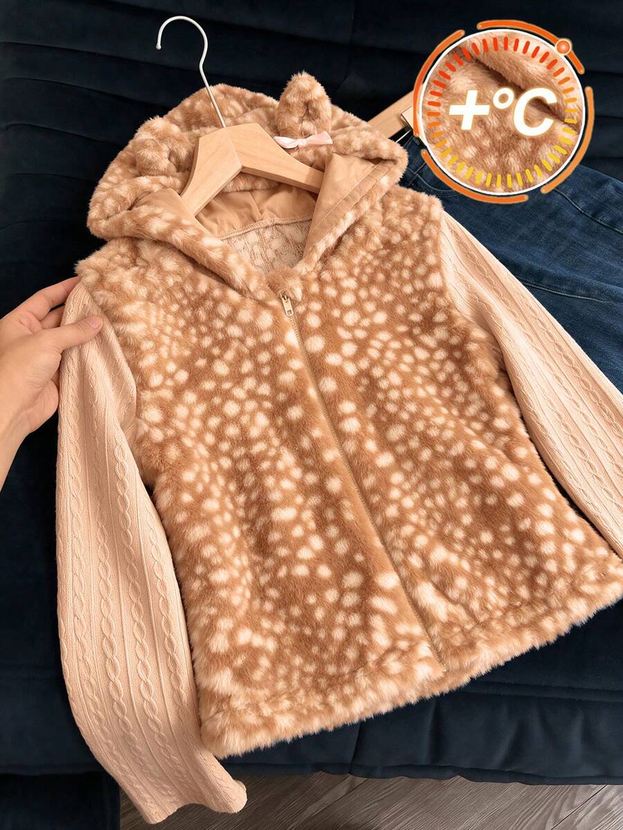Lurzo Tween Girls Vintage Cute Deer Spotted Fleece Hooded Jacket, Zipper With Ear Arch Decoration, Warm For Autumn/Winter, Suitable For Daily Wear - Brown - View 1