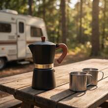 6-Cup Capacity Aluminum Moka Pot, Fast Extraction, Wood-Grain Plastic Handle, Compact And Portable, Suitable For Camping And Home Use. - Black - View 6