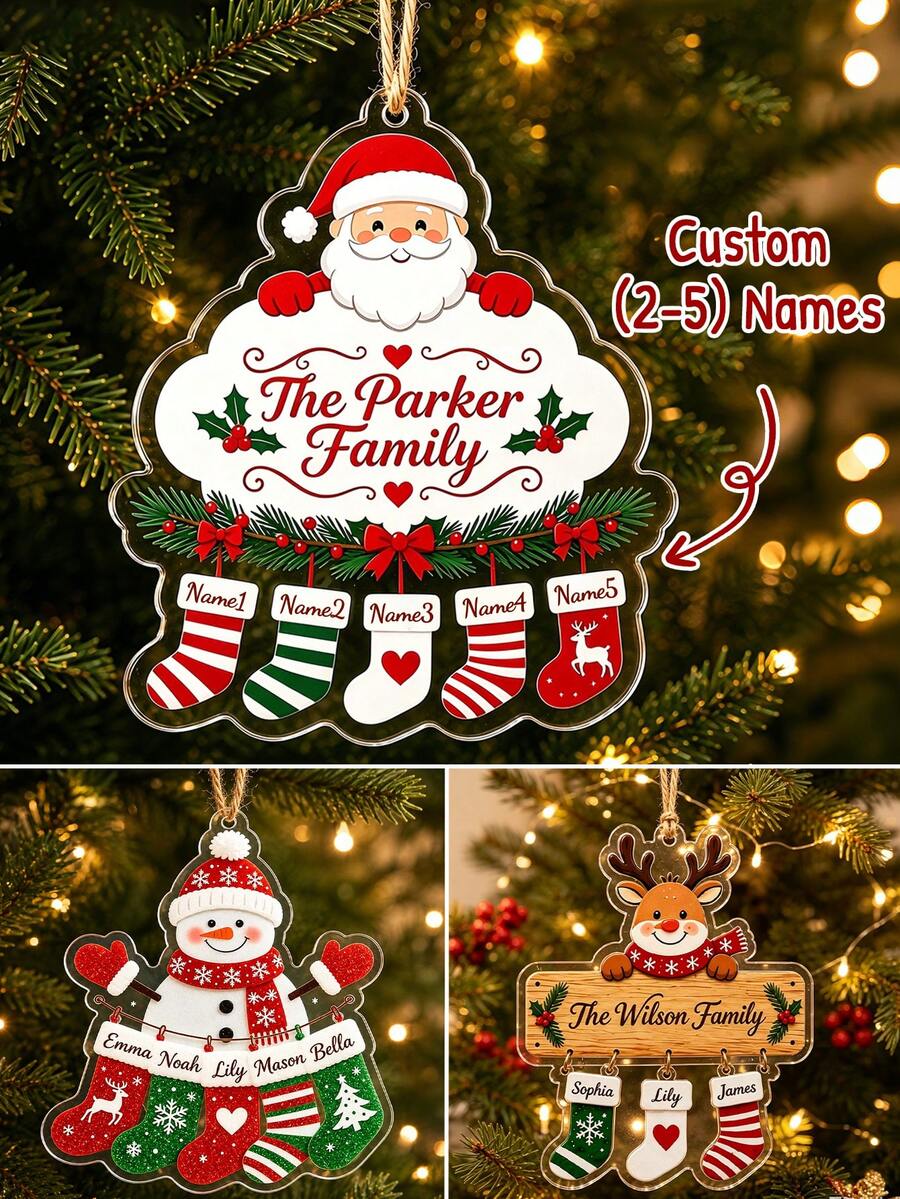Custom Snowman Family Ornament, Personalized Christmas Tree Hanging Decor, Festive Holiday Party Decoration, Customized Family Name Keepsake, Customizable 2-5 Names Xmas Gift For Home, Winter Tree Ornament, Christmas Ornament, Family, Friends - Style C - View 1