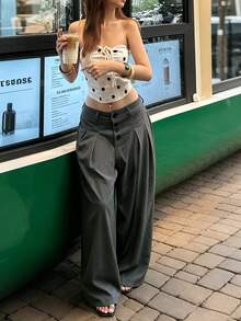 Women's Solid Color Elegant Commute Minimalist Fashion Metal Buckle High Waist Straight Leg Pants, Suitable For Daily Outings, Dates, Office Commute And Various Occasions - Black - View 5