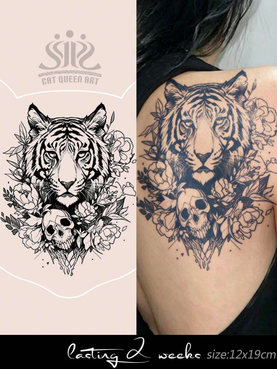 Herbal Juice Semi-Permanent Large Arm Tattoo Sticker Tiger Head Floral Skull Pattern 14 Days No Fading DIY Chest Waist Abdomen Thigh Holiday Party Gift Body Tattoo Sticker 1pc/Pack - Blue - View 1