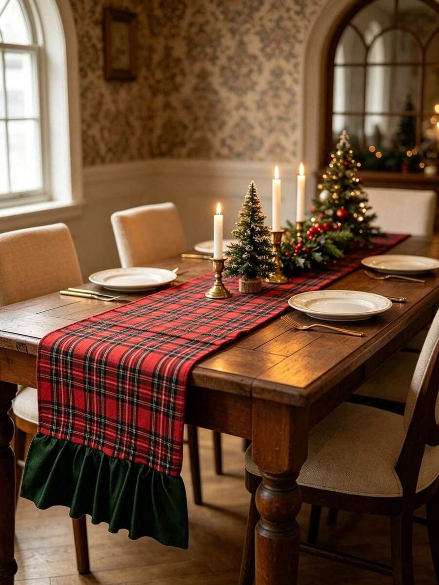 1pc Vintage Plaid Rectangular Table Runner With Ruffle Hem, Holiday Table Decor, Suitable For Christmas Party And Family Gathering - Red - View 1