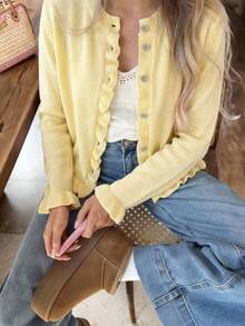 Autumn New Women's Korean Sweet Style Ruffle Trim Yellow Long Sleeve Knit Cardigan, Cute Casual Daily Sweater Jacket For Back To School And Commuting - Yellow - View 2