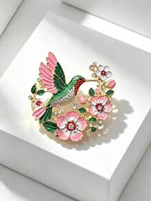 Vintage Enamel Hummingbird Flower Brooch Sparkling Rhinestone Bird Floral Lapel Pin For Women Clothing Decor Gift - Flower and Bird Design - View 3