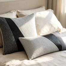 Modern Minimalist Diagonal Stripe Faux Leather & Linen Patchwork Pillow Case, Grey Square Decorative Cushion Cover, Suitable For Sofa, Bedroom, Living Room Home Decor - Light Grey - View 7