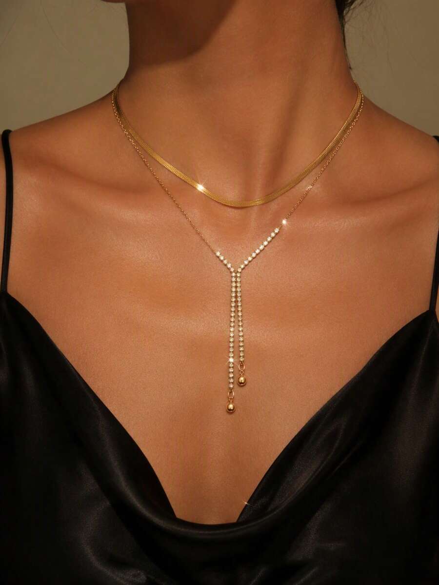 VceTd 2PCS Fashion Elegant Y-Shaped Necklace With Flat Blade Chain Layered Stainless Steel Women's Necklace Set Suitable For Daily Wear, Party Or Gift - Yellow Gold - View 1