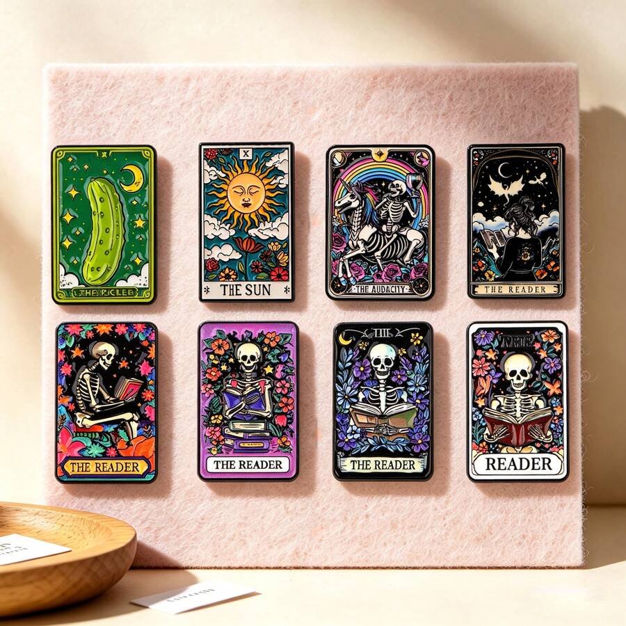 Tarot Card Enamel Brooch Set, Skull Humor Pickle Sun Unicorn Brooch, Gothic Mysterious Style Lapel Pin, Suitable For Backpacks Hats Clothing, Halloween Jewelry Gift