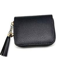 Women's Solid Black Short Wallet Card Holder Coin Purse Cute Girly Style Student Portable Small Purse - Black - View 4