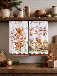 2pcs Cute Gingerbread Man Cooking Christmas Happy Pattern Kitchen Towels, Soft Polyester Material Dish Cloths, Suitable For Kitchen Decor, Kitchen Cleaning, Holiday Party Decoration, Kitchen Bathroom Supplies Home Essentials, Home Decor, Housewarming Gift - Multicolor - View 2