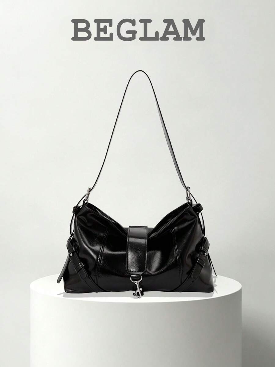 Fashion Solid Color PU Shoulder Bag, Buckle Design, Suitable For Women Shopping, Dating, Gift And Daily Use - Black - View 1