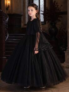 Tween Girls Black Long Sleeve Lace Performance Dress, Puffy Birthday Party Long Princess Gown, Tulle Skirt - Black - View 5