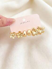 4/16pcs Women's Luxury Fashion Gold Metallic Earring Set, Flower, Left And Right Ear Flower, Plain C-Hoop Series Earrings, Made Of ABS Resin Material With High Color Retention Gold Plating, Resistant To Fading, Low Allergy, Suitable For Daily Commute, Dating, Vacation, Holiday Gift - Gold - View 6
