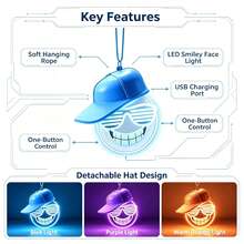 1Pc Cool Smiling Face Car Hanging Neon Light With Hat, USB Rechargeable LED Auto Rearview Mirror Pendant Lamp, Colorful Glowing Interior Decor Ornament - Multi-color light - View 4