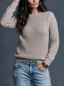 Plus Size Women's Oatmeal Color Knit Sweater, Long Sleeve Round Neck Straight Loose Fit With Cable Cable Hollow Texture, Minimalist Casual Commute Daily Office Autumn/Winter Party Top - Khaki - View 2