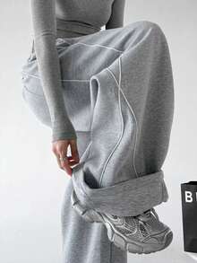 Women's New Fashion Colorblock Design Side Stripe Loose Wide Leg Sweatpants, Straight Leg Comfortable Casual Joggers With Drawstring Pockets, All-Season Wear, Versatile Slimming Dance Sweatpants - Grey - View 2