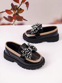 Girls' Black Shiny Loafers, Autumn Pearl Rhinestone Bow Thick Sole Slip-On Princess Shoes - Black - View 6