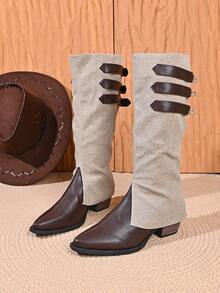 Women's Fashion Casual Comfortable Chunky Heel 2-In-1 High Shaft Riding Boots Pointed Toe Tall Boots - Brownish Gray - View 6