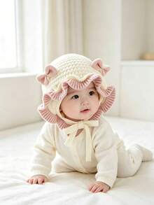 1pc Cute Bow Ruffle Knit Hat, Soft Thermal Lined Winter Tie Earflap Hat, Sweet Princess Style Girls Hat, Suitable For 0-3 Years Old - Multicolor - View 3