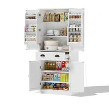 182 Cm Storage Cabinet, 4 Doors And 1 Drawer, 2 Doors With Shelves, 6 Storage Compartments And 4 Adjustable Shelves, Suitable For Kitchen, Dining Room And Living Room, White - White - View 7