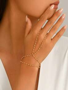 Minimalist Personalized Versatile White Faux Rhinestone Tassel Finger Bracelet, Fashionable Elegant Micro-Inlaid Rhinestone Tassel Bracelet Ring Chain, Suitable For Women's Daily Wear, Vacation, Party (Rhinestone Quantity And Position Random) - Gold - View 4
