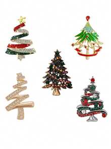 5pcs Christmas Tree Brooch Set, Multiple Rhinestone Christmas Tree Style Combinations, Holiday Atmosphere Lapel Accessories, Coat Sweater Jacket Holiday Decoration Small Items - 5pcs - View 3