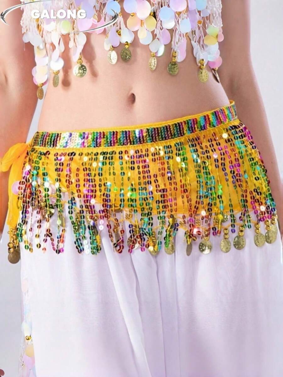 [金幣層疊]女性薄紗腰鍊，波希米亞異國風腰部裝飾，派對與度假層疊配飾，Ins風亮面顯瘦腰帶