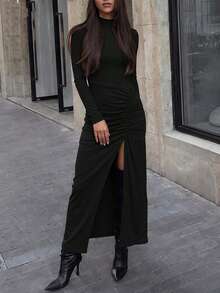 Fall Winter Women Solid Color Mock Neck Long Sleeve Maxi Dress, Ruched Side Slit Bodycon Dress For Evening Party Date Daily Vacation - Black - View 6