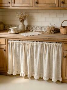 1pc French Country Semi-Sheer Ruffle Edge Cabinet Curtain Half Curtain, Suitable For Daily Home Kitchen Cabinet, Living Room, Bedroom, Holiday Party, Cafe, Restaurant Decor Atmosphere - Beige - View 1