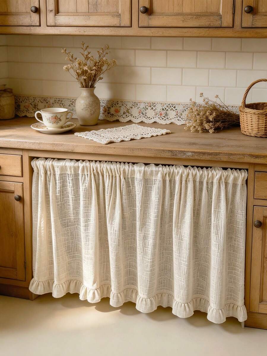 1pc French Country Semi-Sheer Ruffle Edge Cabinet Curtain Half Curtain, Suitable For Daily Home Kitchen Cabinet, Living Room, Bedroom, Holiday Party, Cafe, Restaurant Decor Atmosphere - Beige - View 1