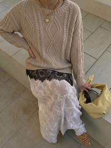 Women's Ribbed Knit Long Sleeve Argyle Pattern Pullover Sweater Regular Fit High Elastic Fabric Autumn Fashion - Khaki - View 4