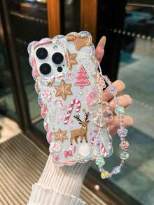 Christmas Painted Twisted Wave Edge Transparent Phone Case With Attached Bracelet, Printed Anti-Drop Fashion Cute Design For IPhone 17/17 Pro/17 Pro Max/16/16 Pro/16 Pro Max/16 Plus/14/15, 10 Cases, Thickened Soft Full Coverage Creative Protective Shell - Multicolor - View 4
