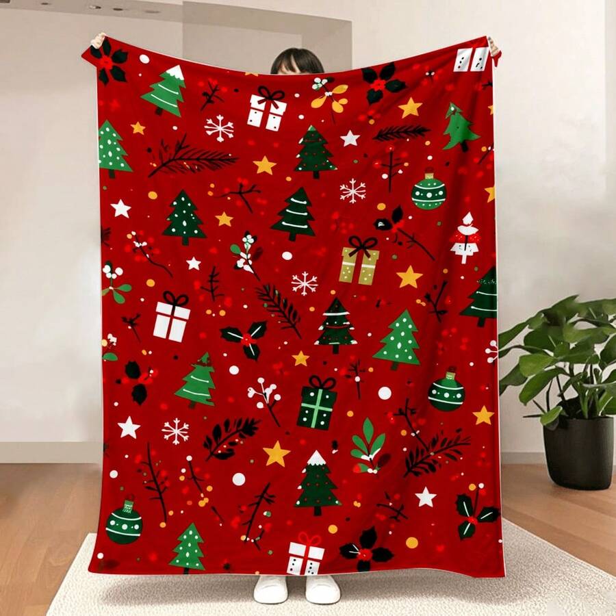 1PC Christmas Tree And Gift Box Printed Blanket - Made Of Soft, Fluffy Flannel, Perfect For A Sofa Or Bed. Ideal For Holiday Home Decor And Thoughtful Gift Giving - Multicolor - View 1